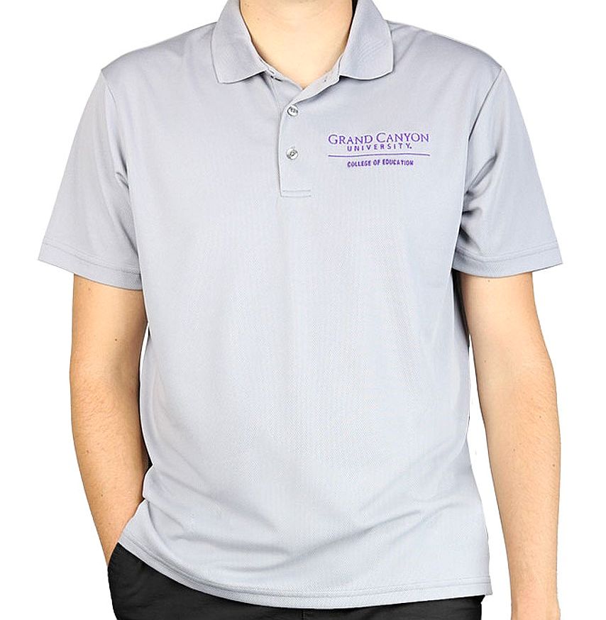 Grey insignia polo short by Vantage with insignia of Grand Canyon University