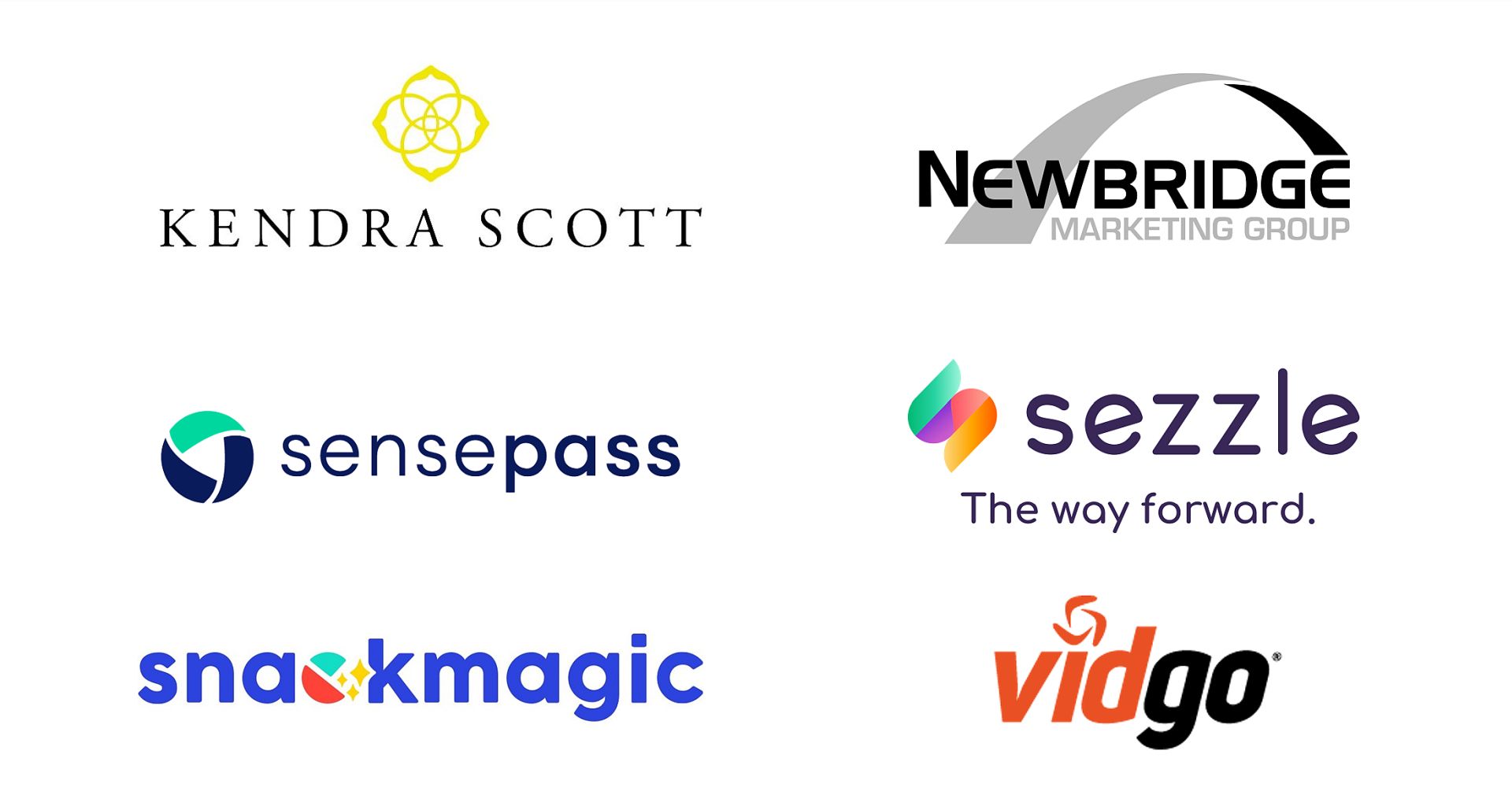 Montage of logos for the companies: Kendra Scott, Newbridge Marketing, Sensepass, Sezzle, Snackmagic, and Vidgo