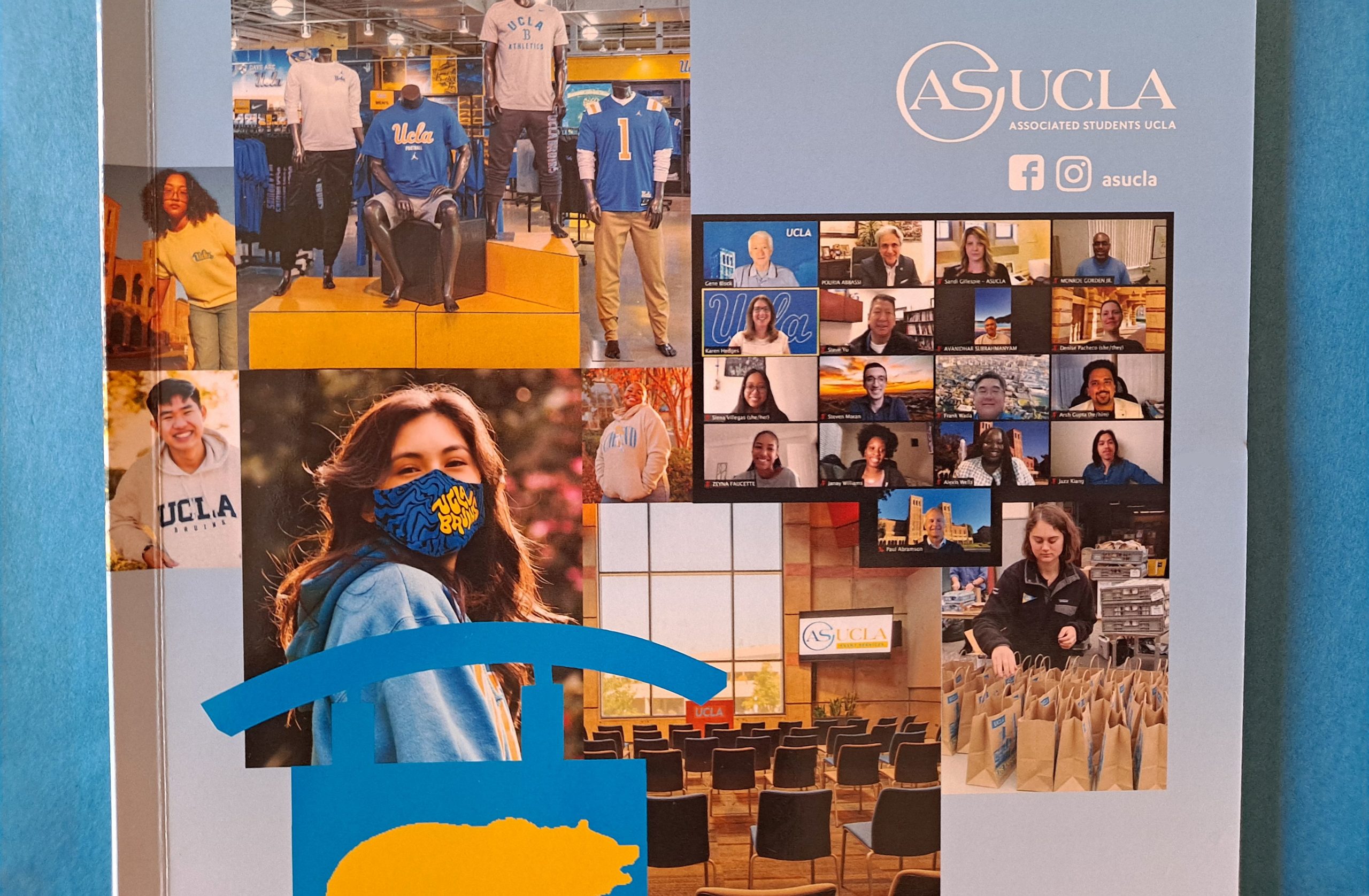Cover shot of the ASUCLA 2022 Annual Report featuring students and images of the UCLA store