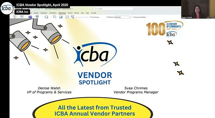 Screencap of presentation deck for the ICBA Vendor Spotlight, features two spotlight graphics and ICBA logo