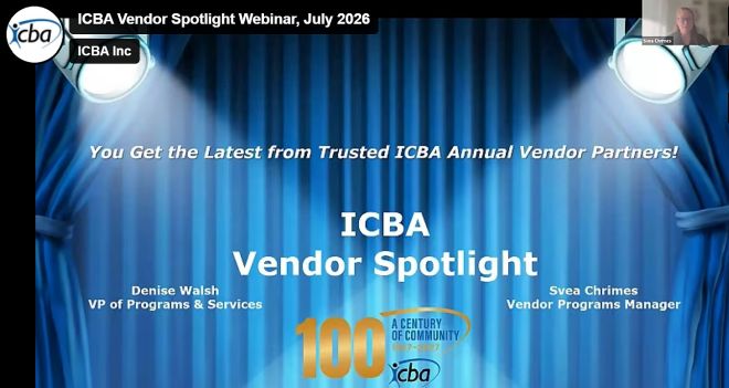 Opening deck slide with imaging featuring a blue curtain and two spotlights, with title copy: ICBA Vendor Spotlight