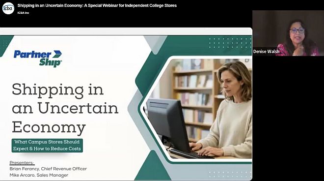 Intro slide for a deck called Shipping in an Uncertain Economy; imaging includes a worker in front of a computer and bookshelves.
